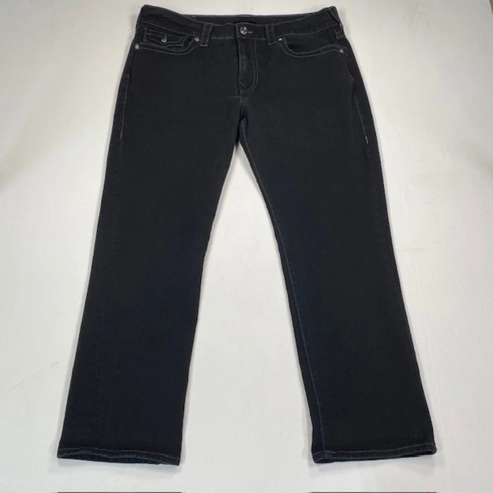 True Religion Ricky Relaxed Straight Black Jeans Mens 36 Contrast Stitch Flap SN